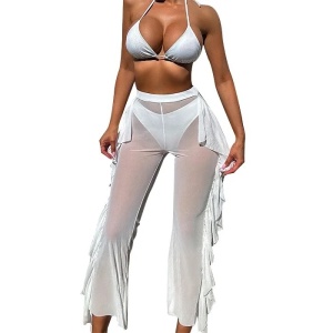 Costum de baie 3 piese sidefat cu pantalon lung semitransparent, alb #ZZ3939 - Img 8