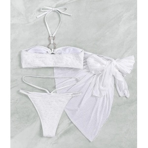 Costum de baie 3 piese texturat, cu esarfa, sutien cu cercuri metalice si prindere dupa gat, alb #ZZ3943 - Img 4