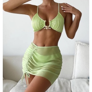 Costum de baie 3 piese texturat cu fusta scurta, verde #ZZ3975