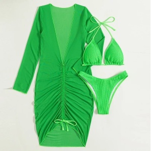Costum de baie 3 piese texturat cu rochie decoltata, semitransparenta, verde #ZZ3977 - Img 3