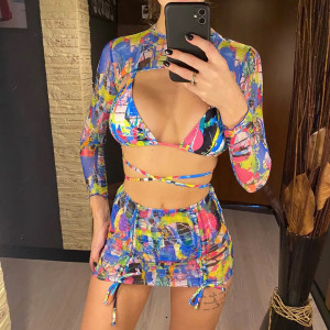Costum de baie 4 piese cu bluza scurta si fusta cu snururi reglabile, multicolor #ZZ3033 - Img 5