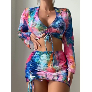 Costum de baie 4 piese cu bluza si fusta scurta, snururi reglabile, multicolor #ZZ3929 - Img 2