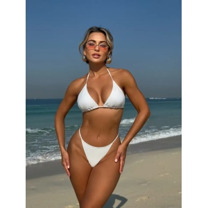 Costum de baie 4 piese cu fusta si bluza din dantela elastica, alb #ZZ3032 - Img 5