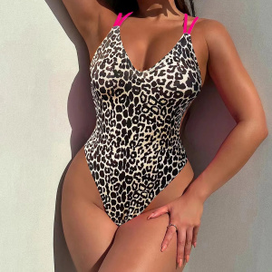 Costum de baie intreg animal print, brazilian, cu bretele decorative, bej/ negru #ZZ1038 - Img 2