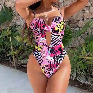 Costum de baie intreg cu cupe tari din burete, animal print multicolor #ZZ1034
