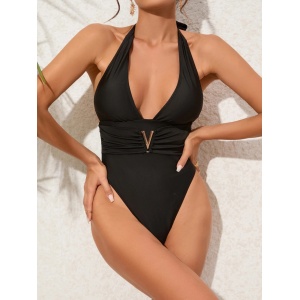 Costum de baie intreg cu decolteu adanc si accesoriu V metalic auriu , negru #ZZ1066 - Img 8