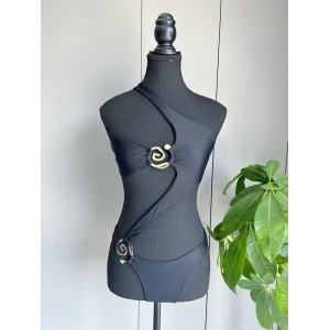 Costum de baie intreg cu decupaje mari si elemente metalice decorative, negru #ZZ1032 - Img 5