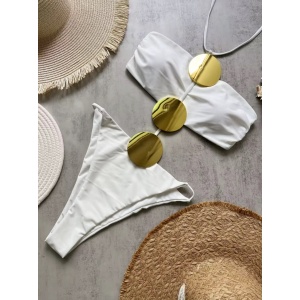 Costum de baie intreg decupat cu accesorii decorative aurii, alb #ZZ2139 - Img 6