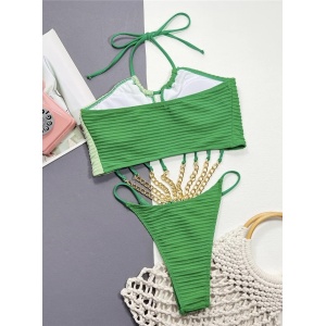 Costum de baie intreg reiat cu decupaje si lanturi aurii decorative, verde #ZZ1914 - Img 3