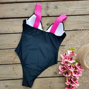 Costum de baie intreg sexy cu cupe buretate si decolteu, negru/ roz neon #ZZ1935 - Img 6