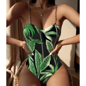 Costum de baie intreg sexy cu imprimeu, bretele din lant auriu, verde/ negru #ZZ1925