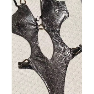 Costum de baie intreg tanga, cu accesorii metalice si decupaje, imprimeu sarpe, gri/ alb #ZZ1001 - Img 4
