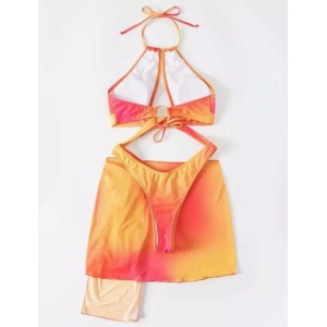 Costum de baie intreg tanga cu fusta, decupat, galben/ portocaliu, 2 piese #ZZ1950 - Img 2