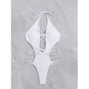 Costum de baie intreg tanga texturat, cu decupaje, decolteu si snururi, alb #ZZ1956 - Img 2