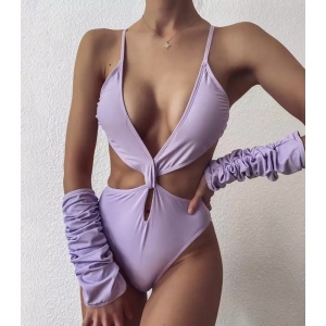 Costum de baie sexy intreg, cu manusi, decolteu adanc si decupaje, lila #ZZ1929