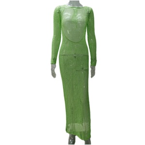 Rochie lunga de plaja crosetata cu spatele gol si crapatura pe picior, verde #ZZ1067 - Img 6