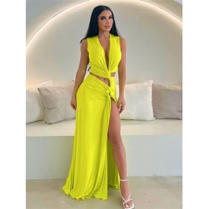 Rochie lungă sexy cu decupaje și crăpătură pe picior, verde neon #ZZ1080 - Img 3