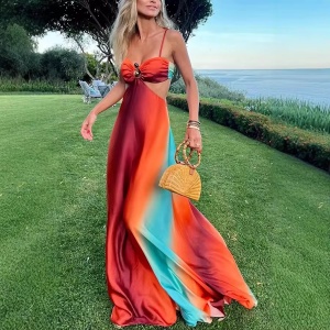 Rochie lungă sexy de plajă, vaporoasă, cu decupaje laterale, multicolor #ZZ1103 - Img 5