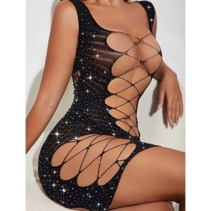 Rochie scurta sexy, elastica, cu decupaje si cristale decorative, negru #ZZ4486 - Img 3