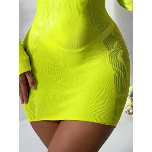 Rochie scurta sexy, elastica, cu maneca lunga si perle decorative, verde neon #ZZ4604 - Img 7