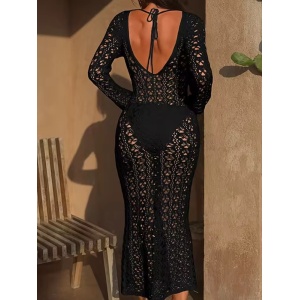 Rochie sexy de plajă tricotată, cu mânecă lungă, negru #ZZ1087 - Img 5