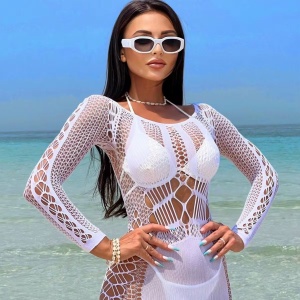 Rochie sexy elastica din plasa cu maneca lunga si decupaje, alb #ZZ4450 - Img 2