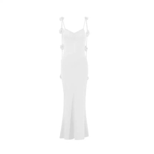Rochie sexy lunga mulata, cu spatele gol si trandafiri decorativi, alb #ZZ1045 - Img 10