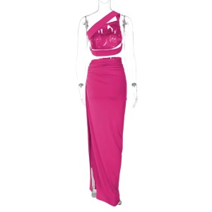 Set 2 piese cu bustiera pe un umăr și fustă lungă cu crăpătură , roz fucsia #ZZ2148 - Img 6