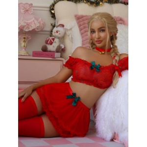 Set lenjerie intima craciunita sexy din dantela cu ciorapi, rosu, 5 piese #ZZ4587 - Img 2