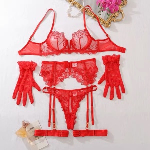 Set lenjerie intima din dantela cu broderie si manusi scurte, rosu, 5 piese #ZZ4143 - Img 11
