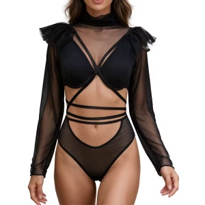 Set lenjerie intima sexy cu bluza maneca lunga, negru, 3 piese #ZZ4577 - Img 9