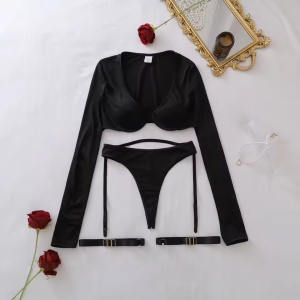 Set lenjerie intima sexy cu bluza scurta cu maneca lunga, 3 piese, negru, #ZZ4260 - Img 9