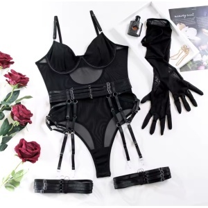 Set lenjerie intima sexy cu body si manusi lungi , negru, 4 piese #ZZ4274 - Img 9