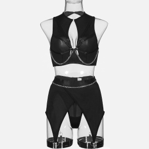 Set lenjerie intima sexy cu bretele si lantisoare decorative, negru, 4 piese #ZZ4342 - Img 6