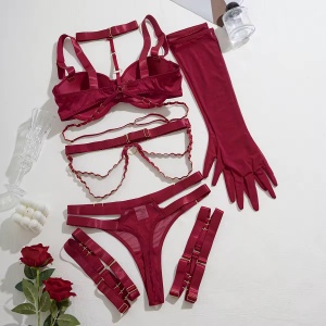 Set lenjerie intima sexy cu catarame decorative si manusi lungi , visiniu, 5 piese #ZZ4624 - Img 9