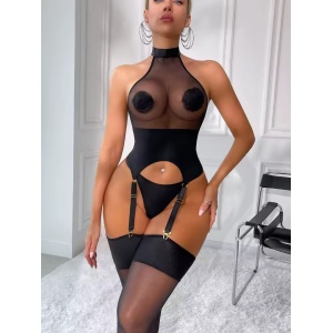 Set lenjerie intima sexy cu ciorapi si accesorii acoperire sani, negru, 4 piese #ZZ4481 - Img 4