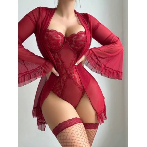 Set lenjerie intima sexy cu halat, body si ciorapi plasa, visiniu, 3 piese #ZZ4458 - Img 7