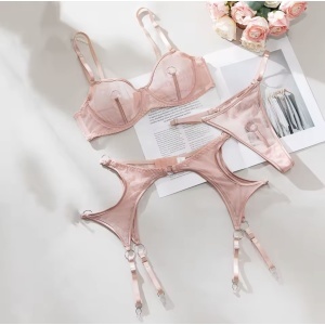 Set lenjerie intima sexy cu inele metalice decorative, roz, 4 piese#ZZ4222 - Img 7