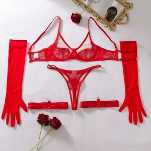 Set lenjerie intima sexy cu insertii de tul nude si manusi lungi, rosu, 4 piese #ZZ4591 - Img 6