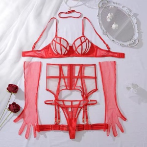 Set lenjerie intima sexy cu insertii de tul, rosu, 5 piese#ZZ4096 - Img 8