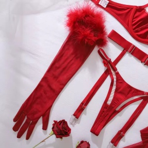 Set lenjerie intima sexy cu insertii de tul, visiniu, 6 piese#ZZ4389 - Img 11