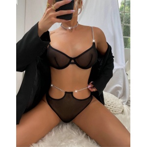 Set lenjerie intima sexy cu lantisoare decorative, negru, 3 piese #ZZ4931 - Img 3