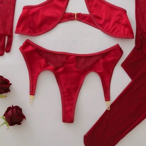 Set lenjerie intima sexy cu portjartier, ciorapi si manusi, 5 piese, visiniu, #ZZ4380 - Img 10