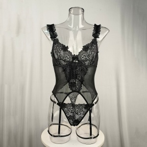 Set lenjerie intima sexy din dantela brodata cu bustiera, negru, 3 piese #ZZ4581 - Img 6