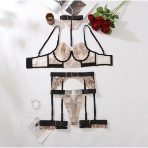 Set lenjerie intima sexy din dantela brodata si benzi , bej/ negru, 5 piese #ZZ4236 - Img 12