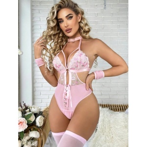Set lenjerie intima sexy din dantela cu ciorapi, roz, 3 piese #ZZ4935 - Img 2