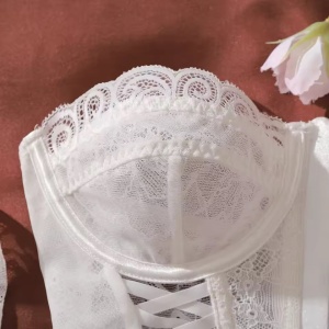 Set lenjerie intima sexy din dantela cu corset, ciorapi si manusi, 4 piese, alb, #ZZ4248 - Img 7