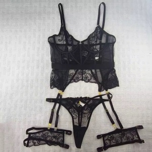 Set lenjerie intima sexy din dantela cu corset, negru, 3 piese #ZZ4580 - Img 7