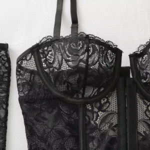 Set lenjerie intima sexy din dantela cu corset si manusi, 4 piese, negru, #ZZ4243 - Img 11