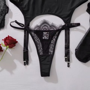Set lenjerie intima sexy din dantela cu corset si manusi, 4 piese, negru, #ZZ4400 - Img 12